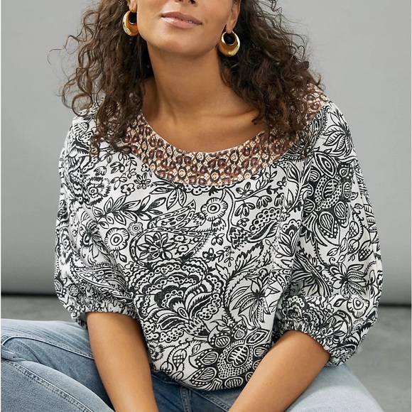 By Anthropologie French Terry Floral Batik Dolman Bubble Blouse Top - Picture 3 of 16